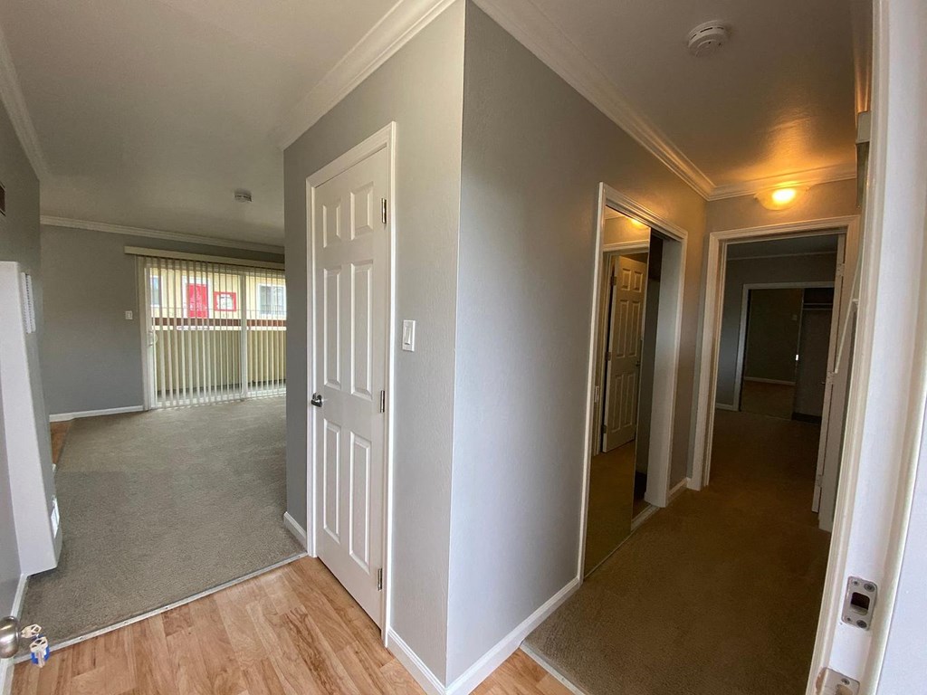 A room with a white door and a window with blinds.