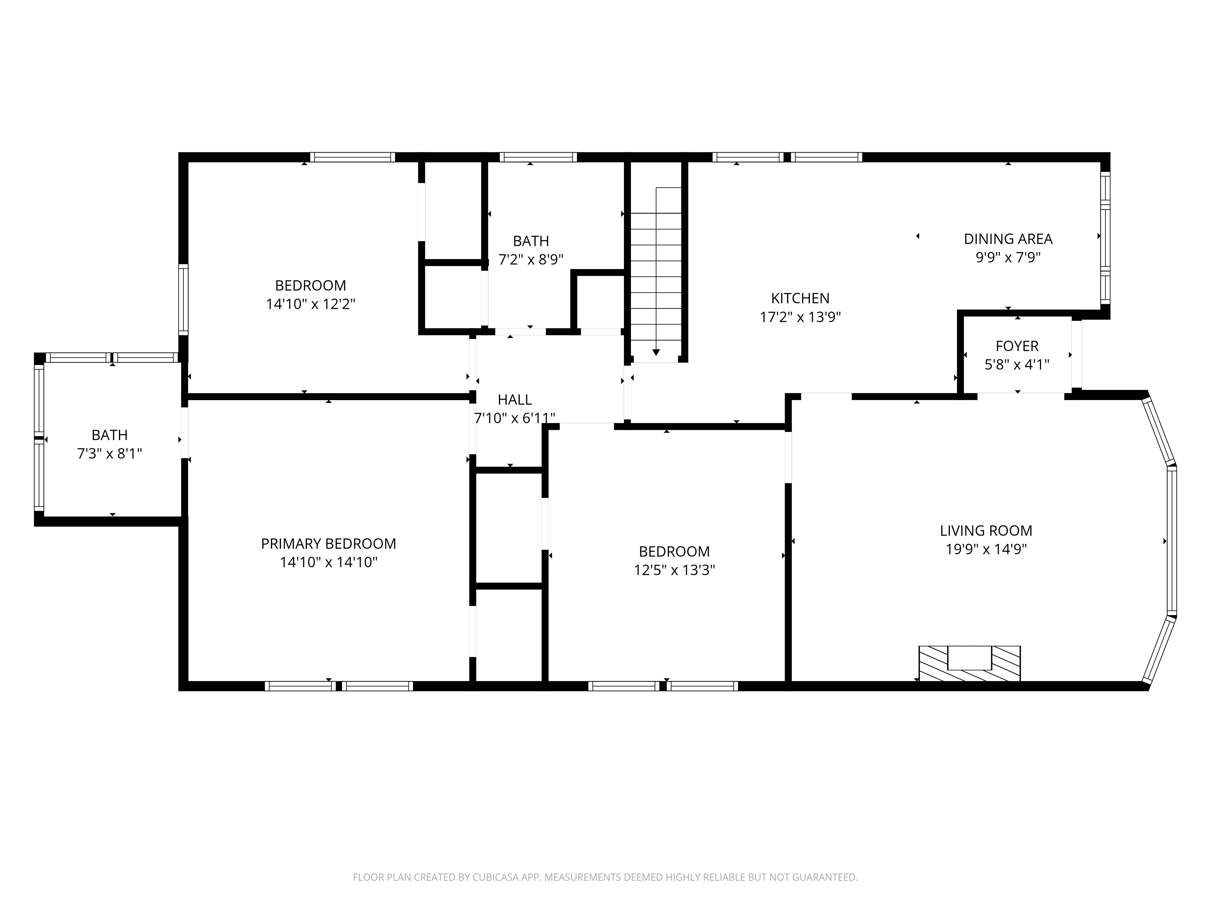 A floor plan of a house with a living room, dining area, kitchen, and several bedrooms.