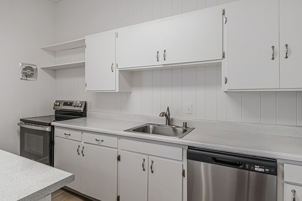A kitchen with white cabinets and a stainless steel dishwasher.