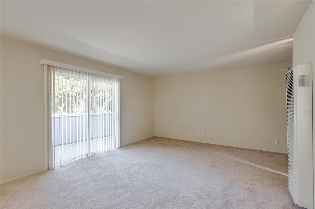 A spacious room with a window and a sliding door.