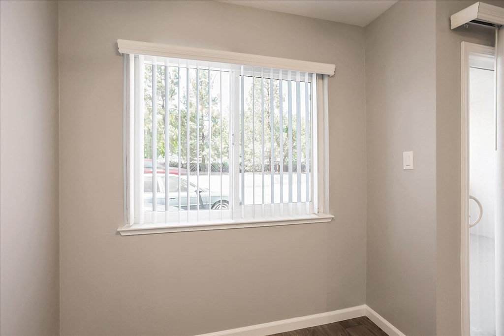 A room with a window and a white door.