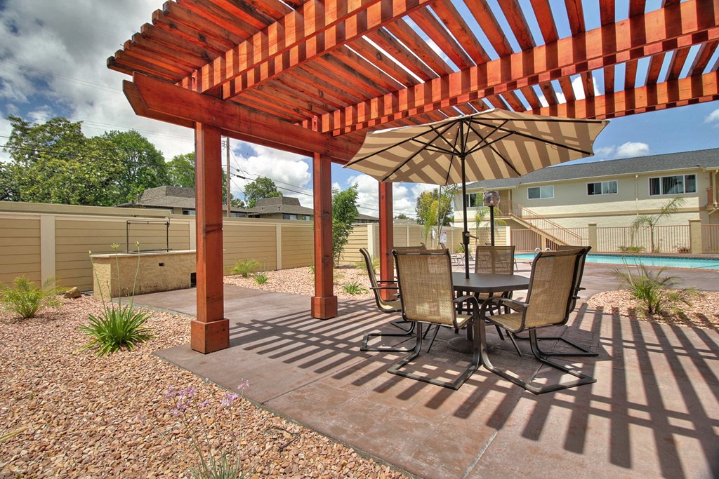 Swimming Pool side sitting area with shade at South Mary Place, Sunnyvale, 94086