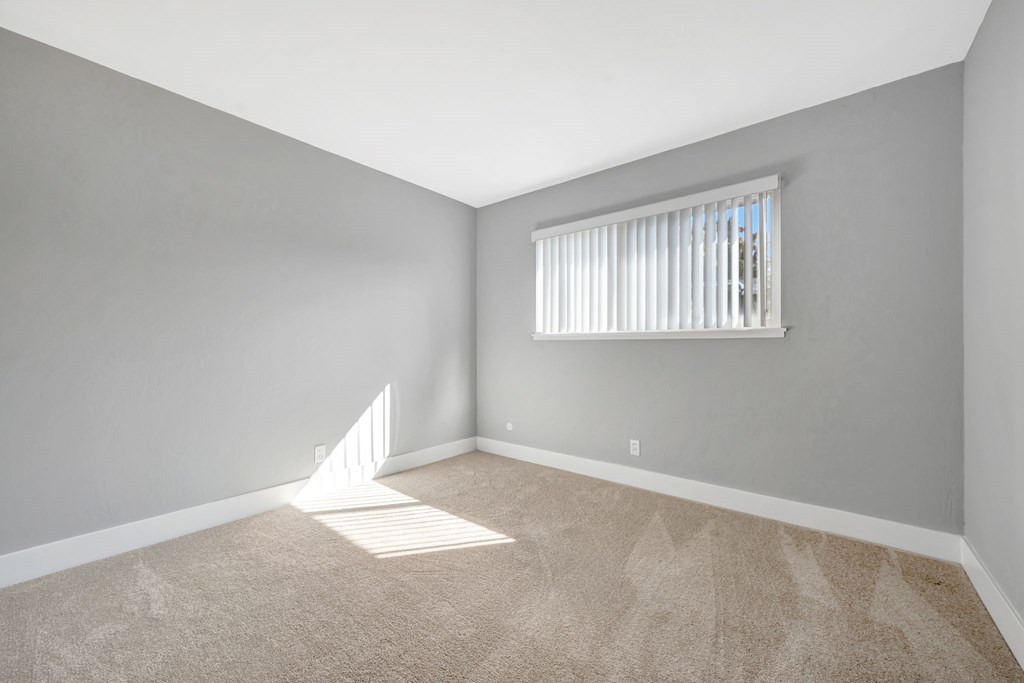 A room with a carpeted floor and a window with blinds.