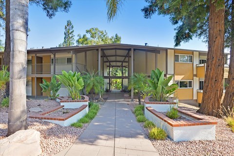 a building with a courtyard with plants and trees