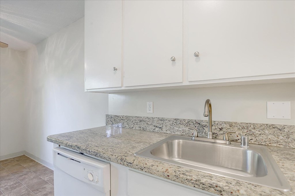 a kitchen with a sink and white cabinets