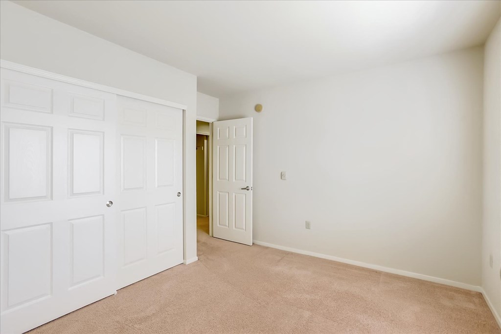 A room with a white door and carpeted floor.