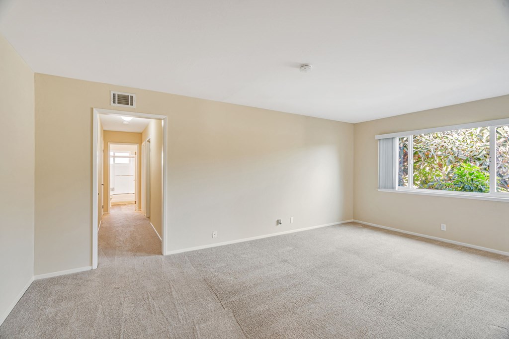 A room with a carpeted floor and a window with a view of trees.
