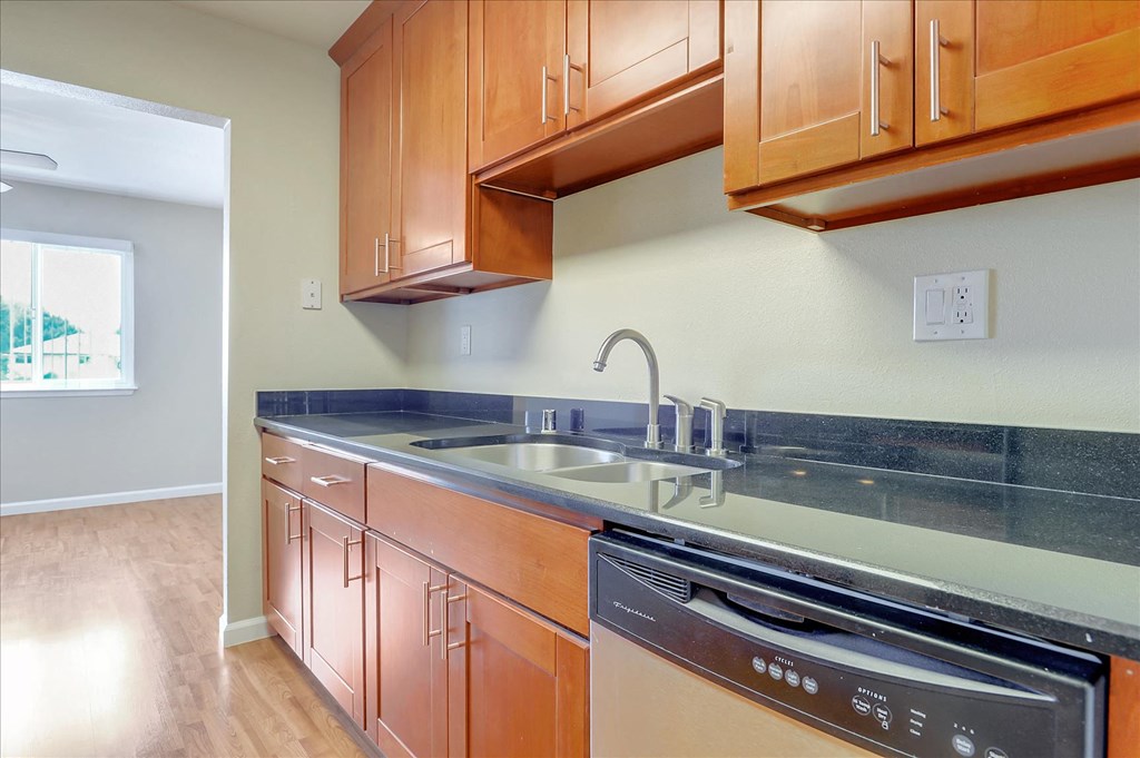 a kitchen with a sink and a dishwasher and wooden cabinets