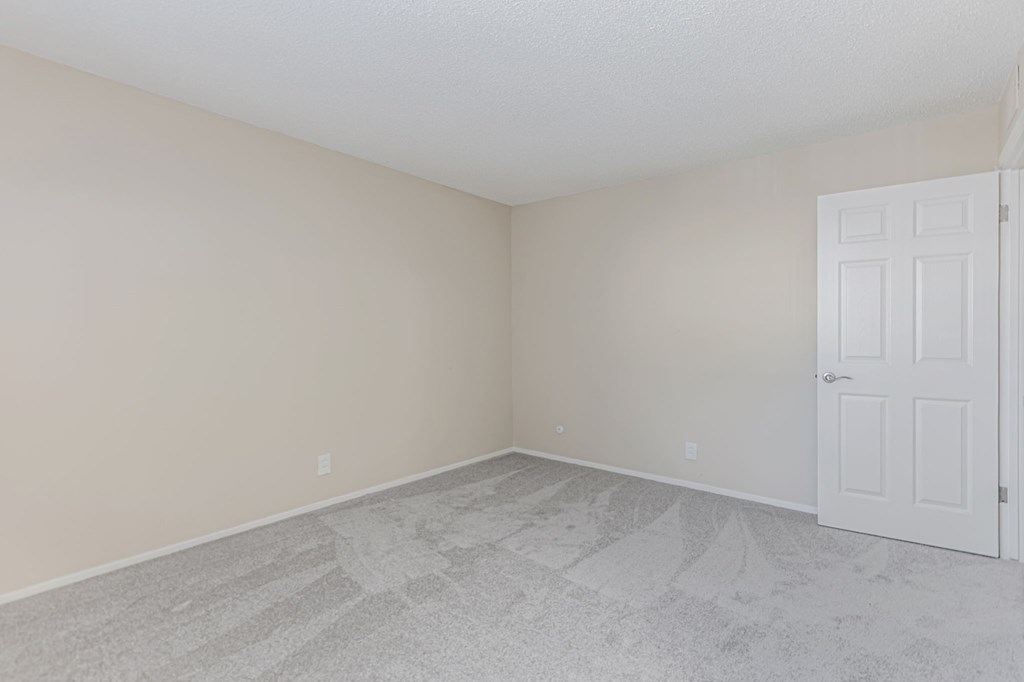 A room with a white door and carpeted floor.
