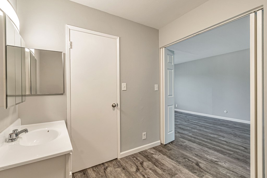 A bathroom with a sink, mirror, and wood flooring.