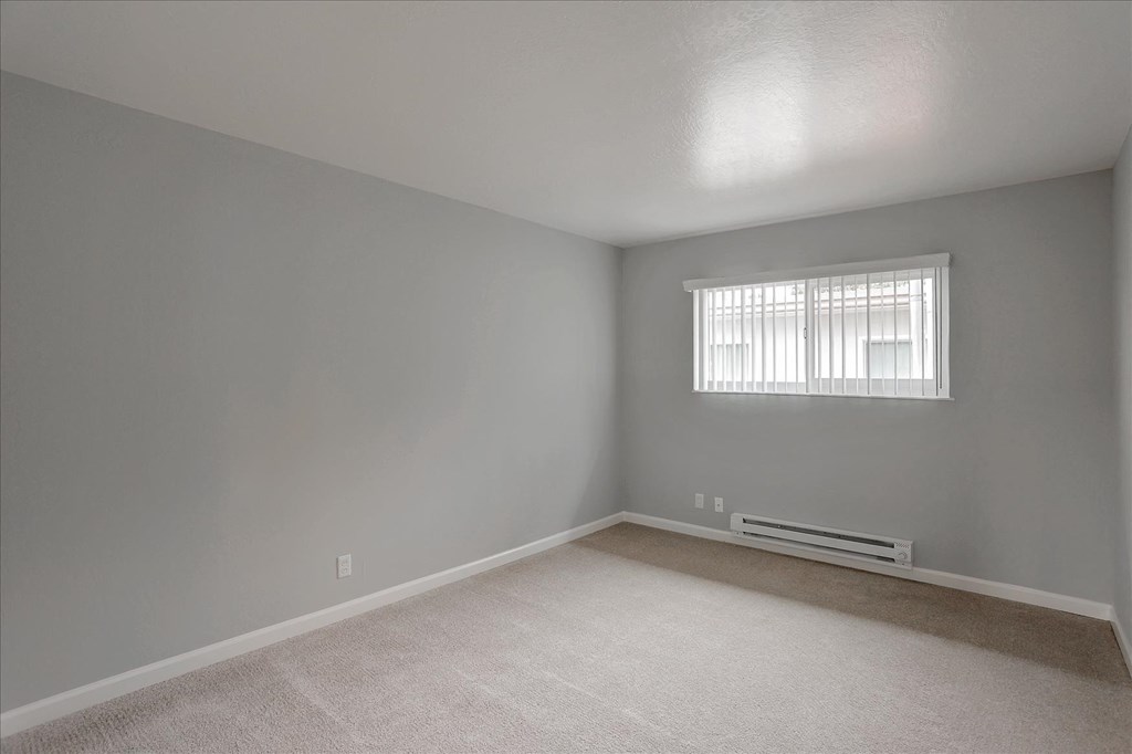 A room with a window and a radiator on the floor.