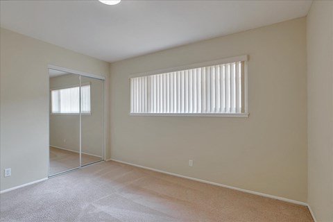 a spacious living room with a large window and a mirrored closet