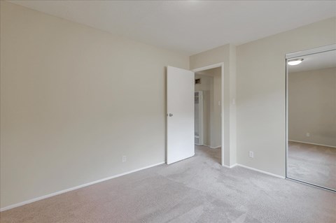 a bedroom with a large mirror and carpeted floor