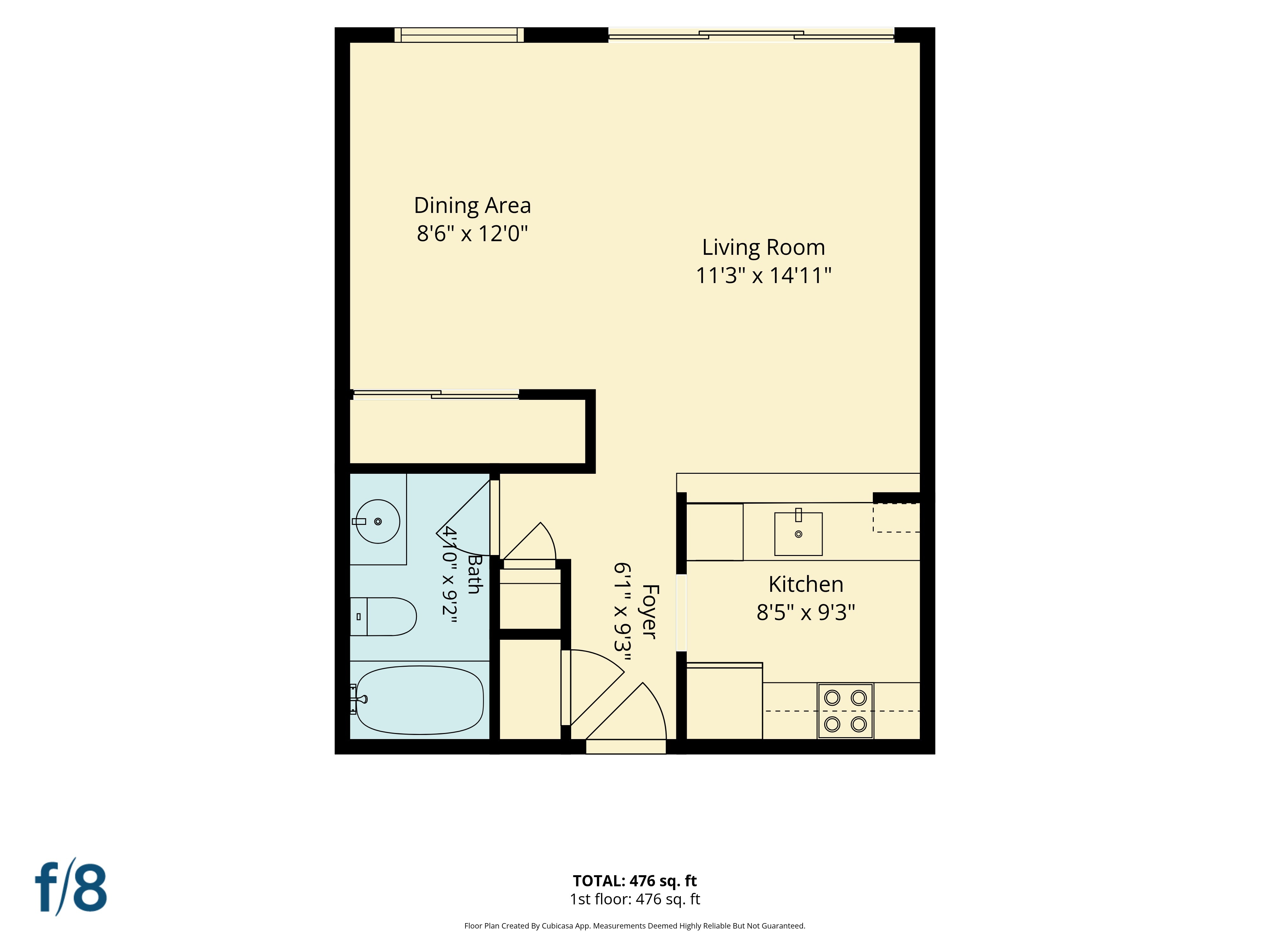A floor plan of a small apartment with a living room, dining area, kitchen, and a powder room.