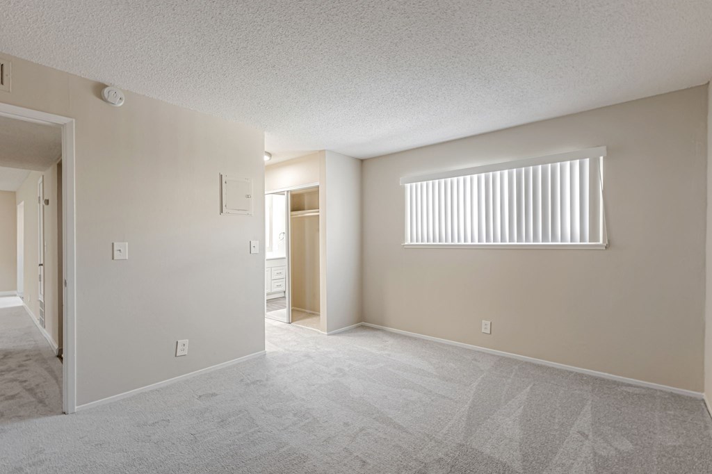 A room with a carpeted floor and a window with blinds.