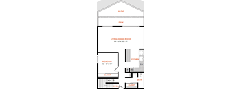 A diagram of a house layout with a living room, kitchen, bedroom, and closet.