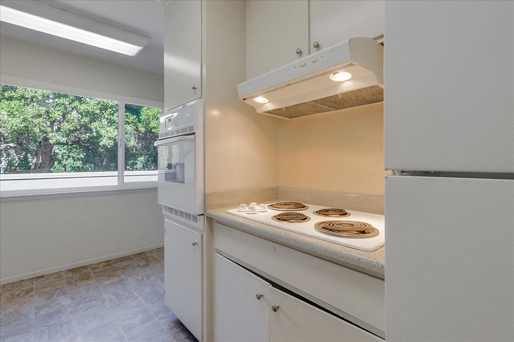 A kitchen with white appliances and a window with trees outside.
