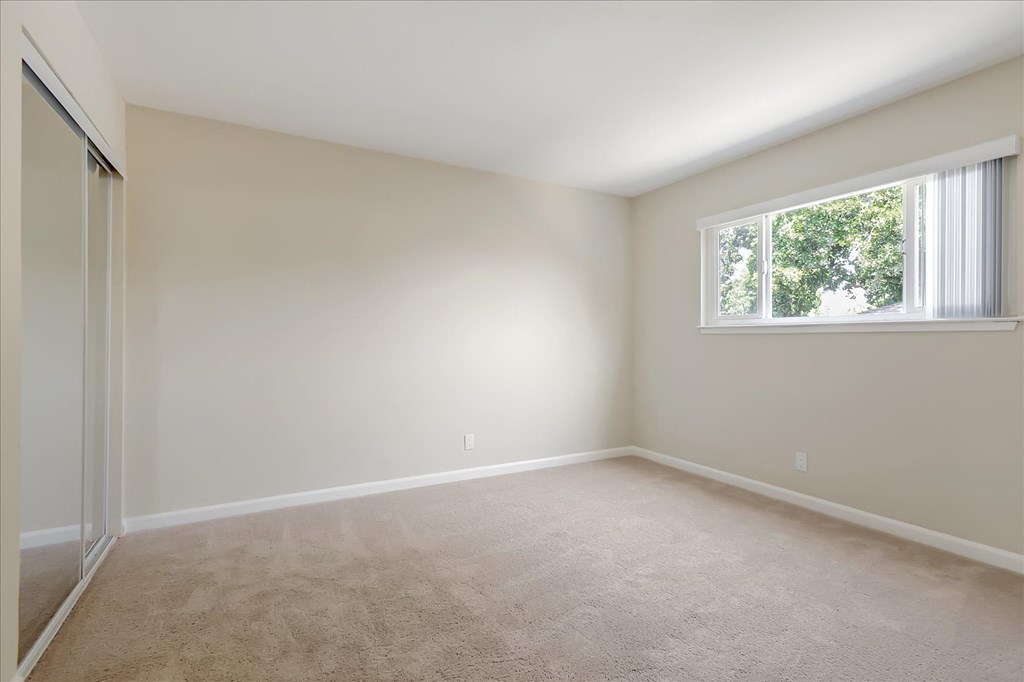 an empty room with a window and carpet