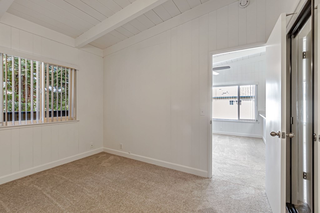A room with white walls and a carpeted floor.