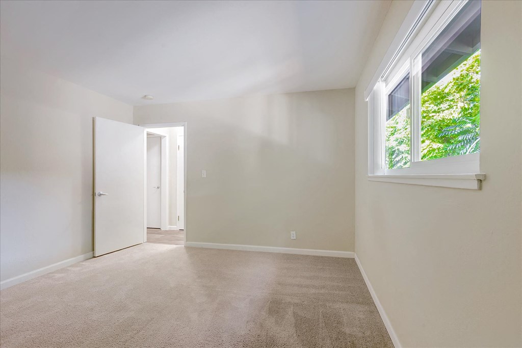 a bedroom with a large window and a carpeted floor