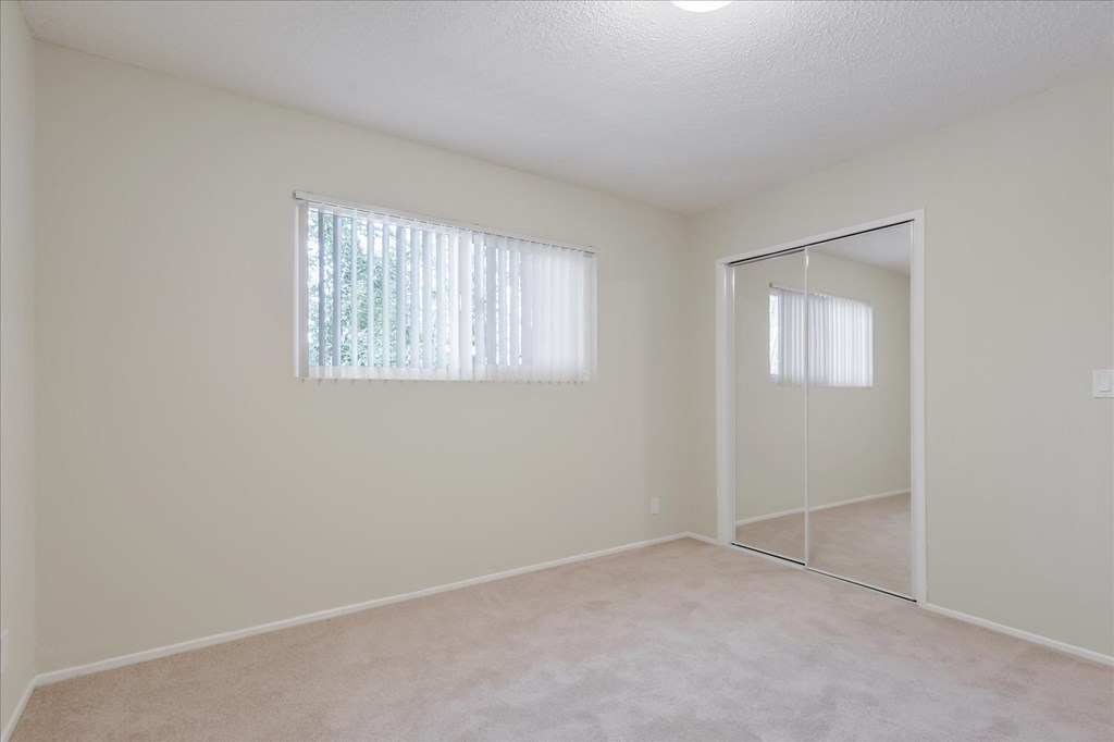an empty bedroom with a mirrored closet door and a window