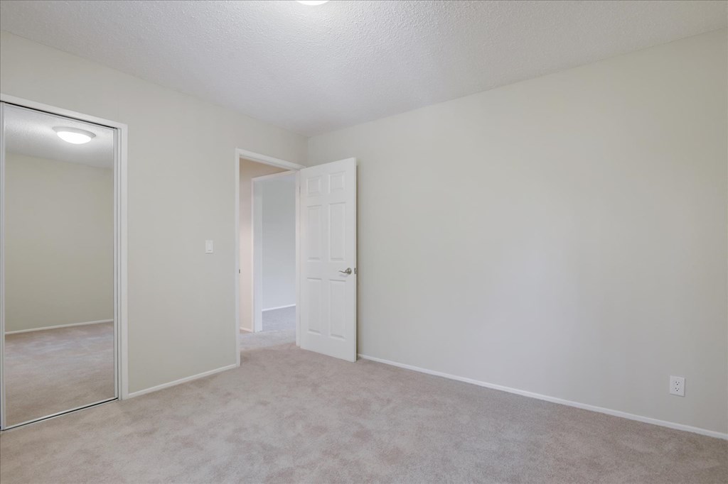 an empty bedroom with a door to a closet and a mirror