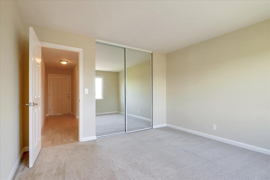 a room with a carpeted floor and a mirrored closet