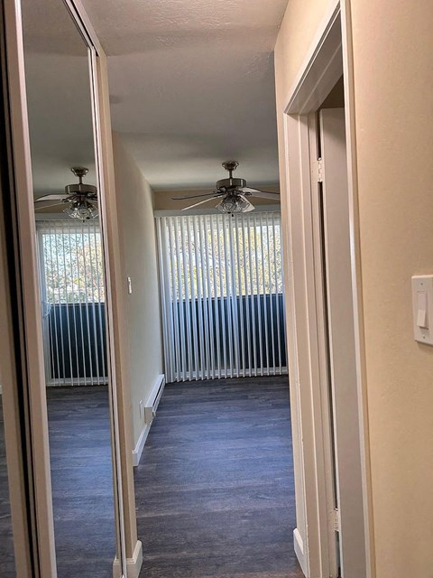 a living room with two ceiling fans and a window