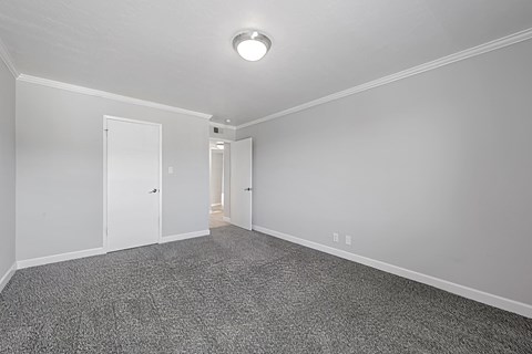 A room with a grey carpet and white walls.