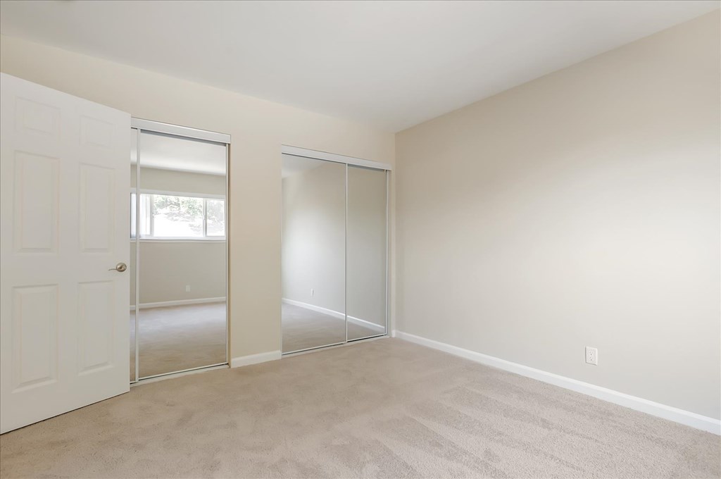 a bedroom with a closet and a door to a mirrored closet