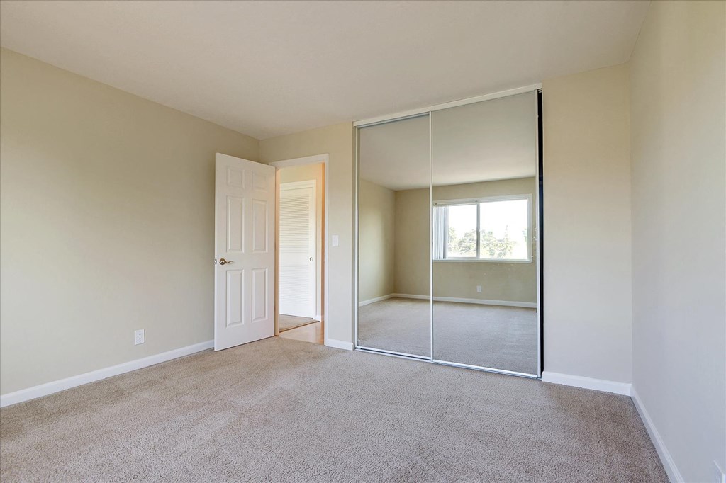 a room with a carpeted floor and a mirrored closet