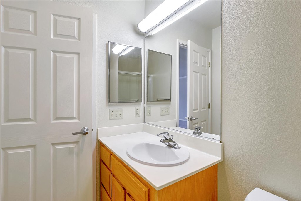 A bathroom with a white sink and a mirror above it.