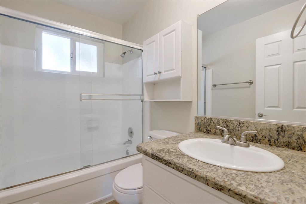 a bathroom with a sink and a shower and a toilet