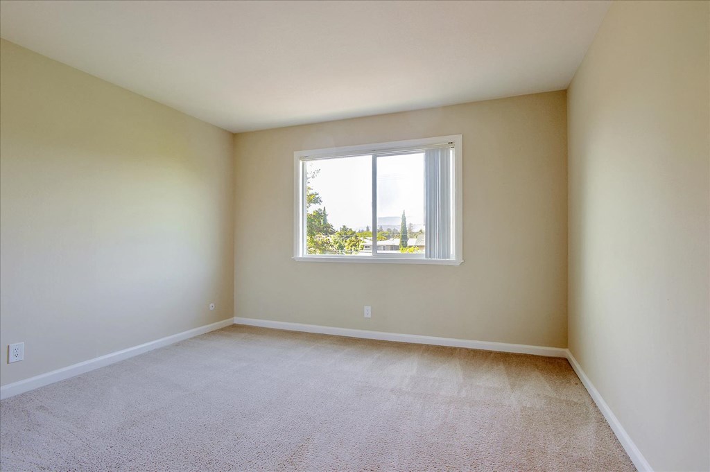 an empty room with a window and carpet