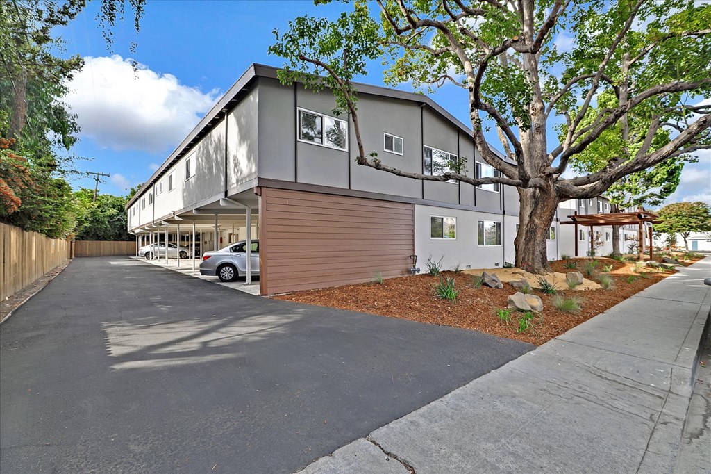 a building with a parking lot and a tree in front of it