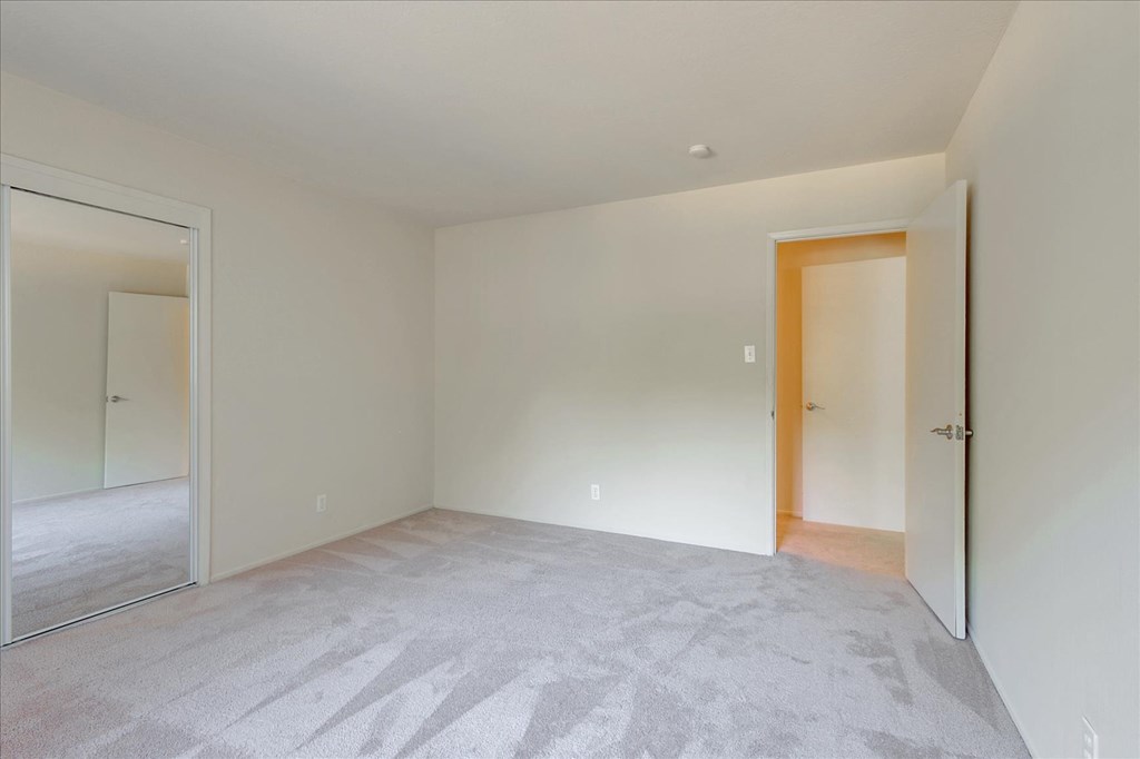 A room with a carpeted floor and a wooden door.