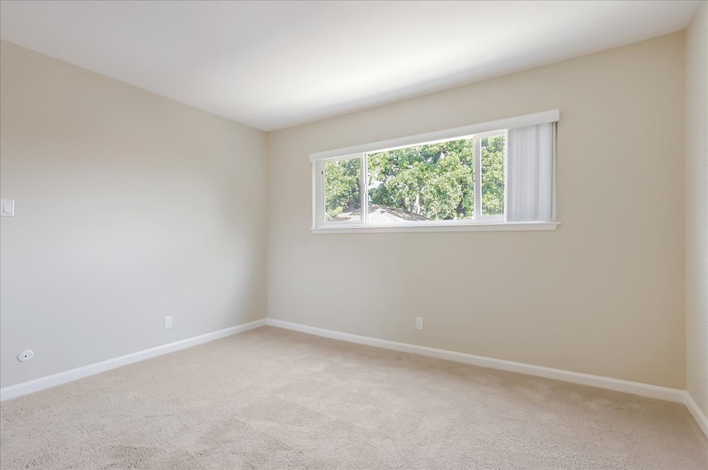 an empty room with a window and carpet