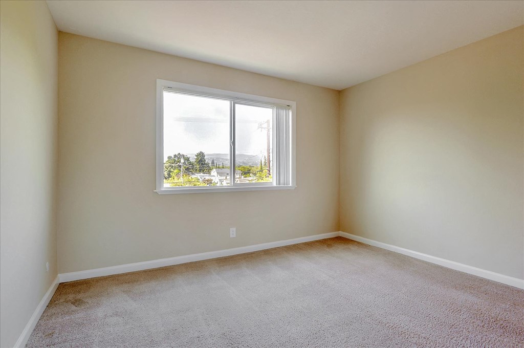 an empty room with a window and carpet
