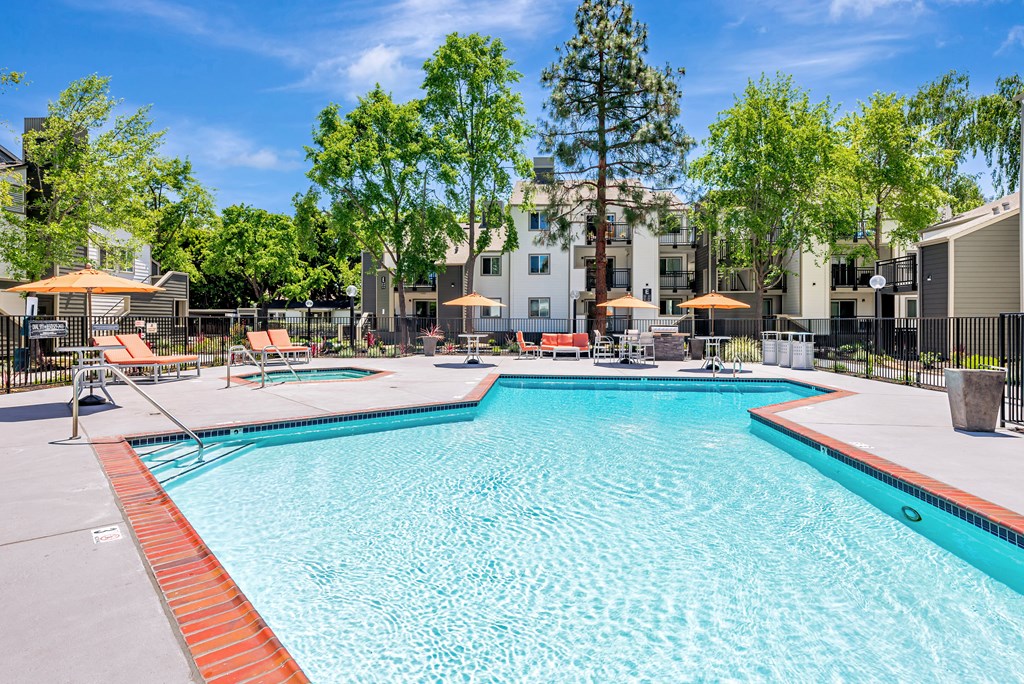 A large swimming pool surrounded by trees and apartment buildings.