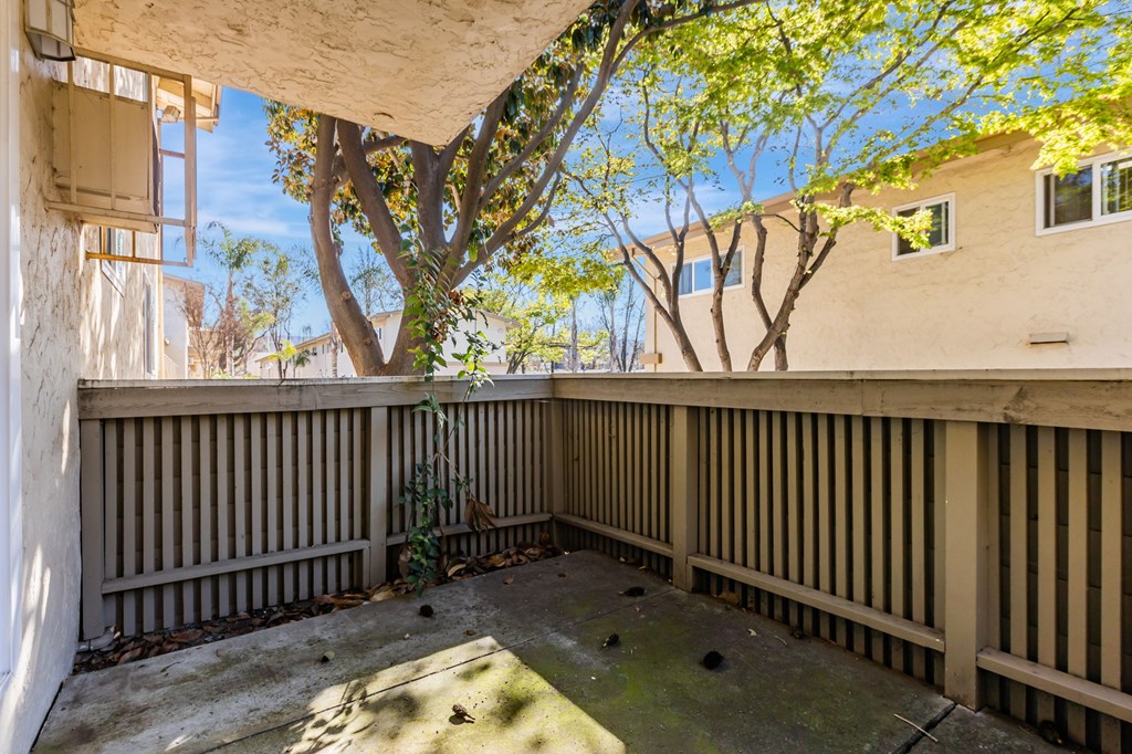 A patio with a tree in the background.