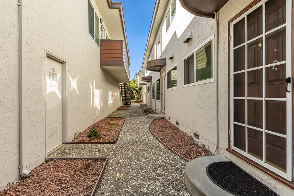 A narrow alley with white walls and brown planters.