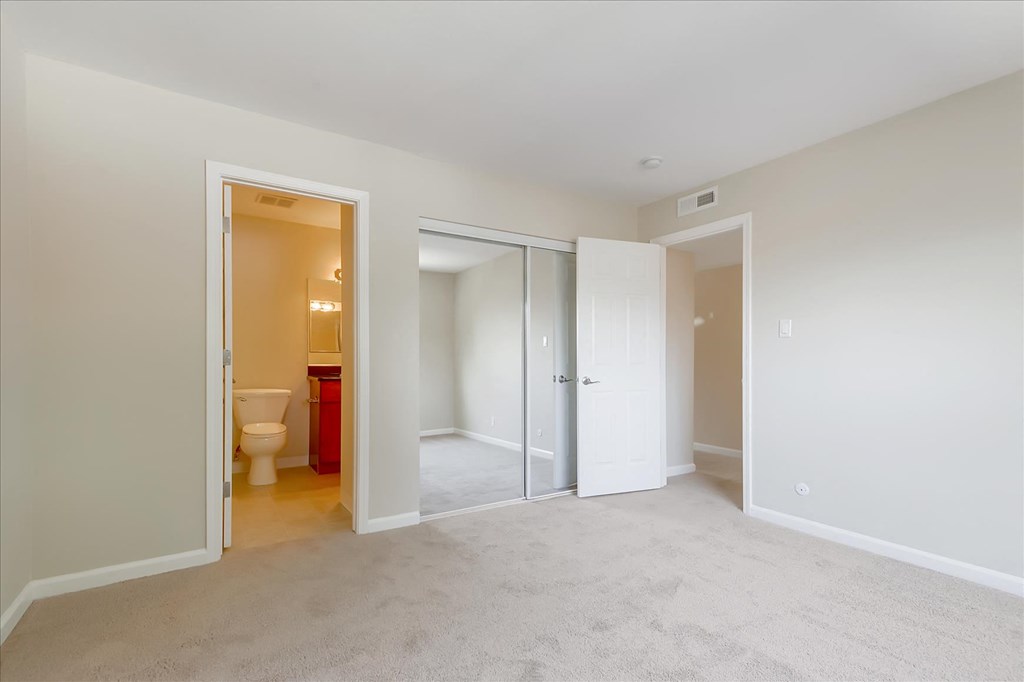 a bedroom with a bathroom and a closet