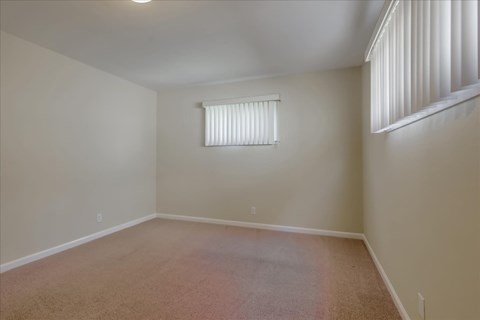A room with a carpeted floor and a window with blinds.