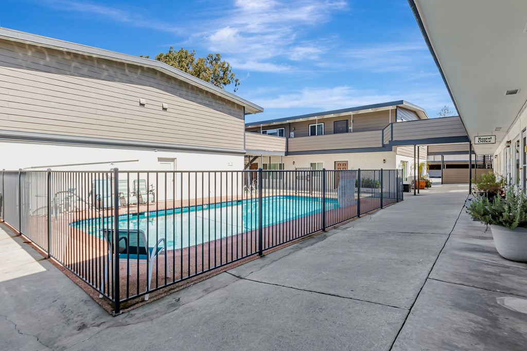 A pool surrounded by a black fence in a sunny backyard.