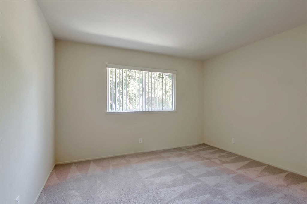 A room with a window and carpeted floor.