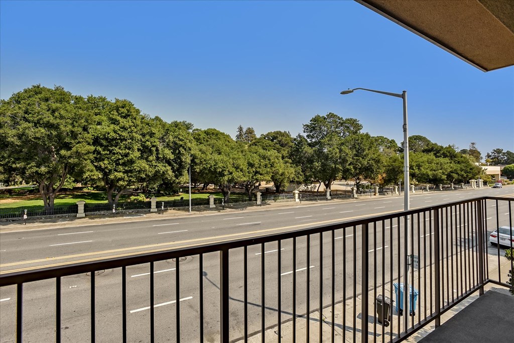 A view from a balcony overlooking a tree-lined street.