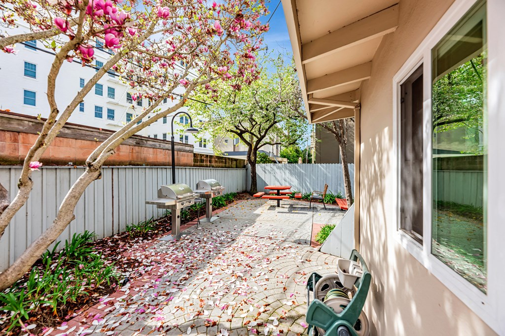 A patio with a bench and a tree with pink flowers.