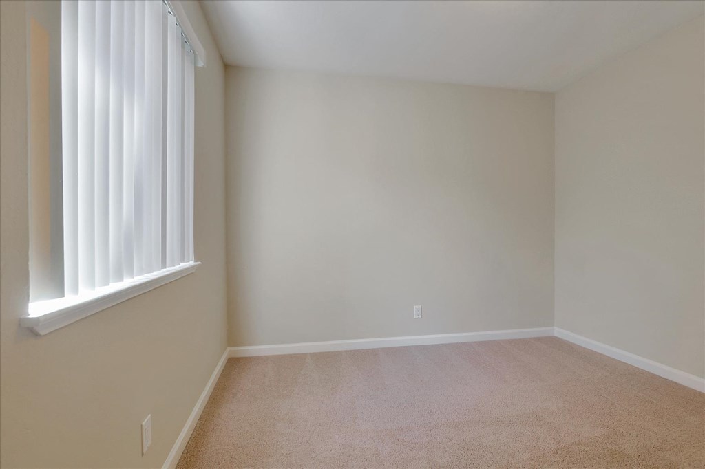 A room with a window and carpeted floor.