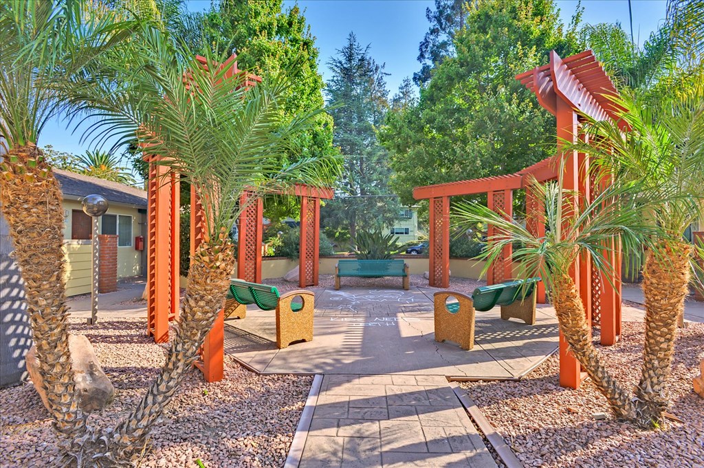a courtyard with palm trees and a seating area and a house