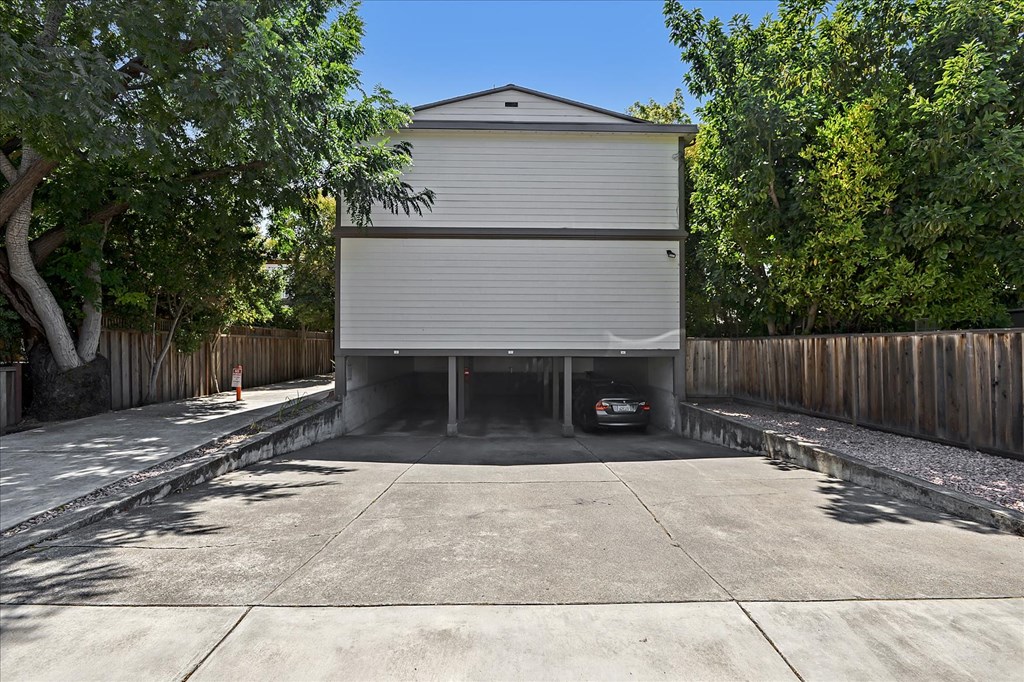 a garage with a car parked in it